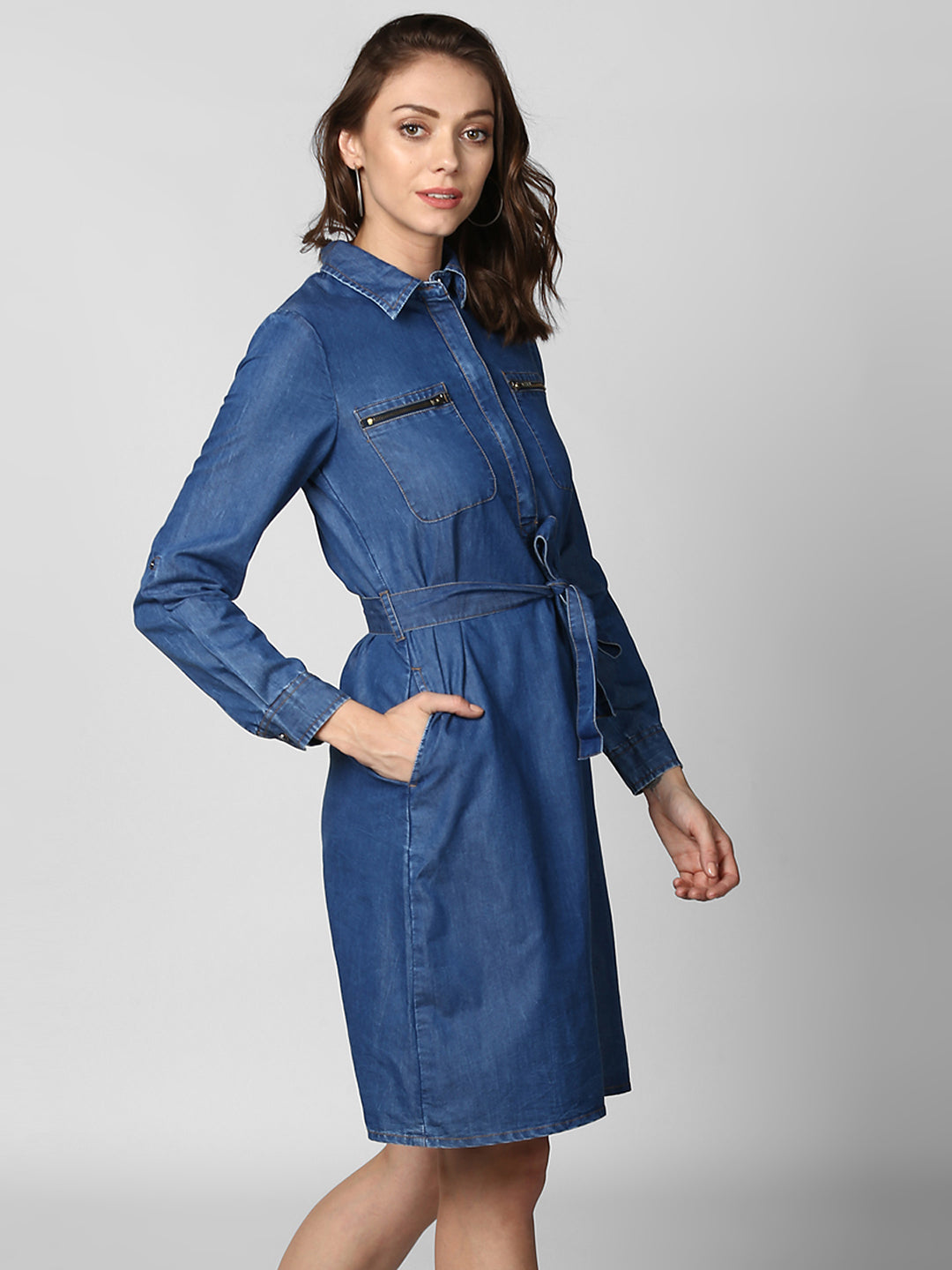 Women's Denim Double Pocket Zip Dress