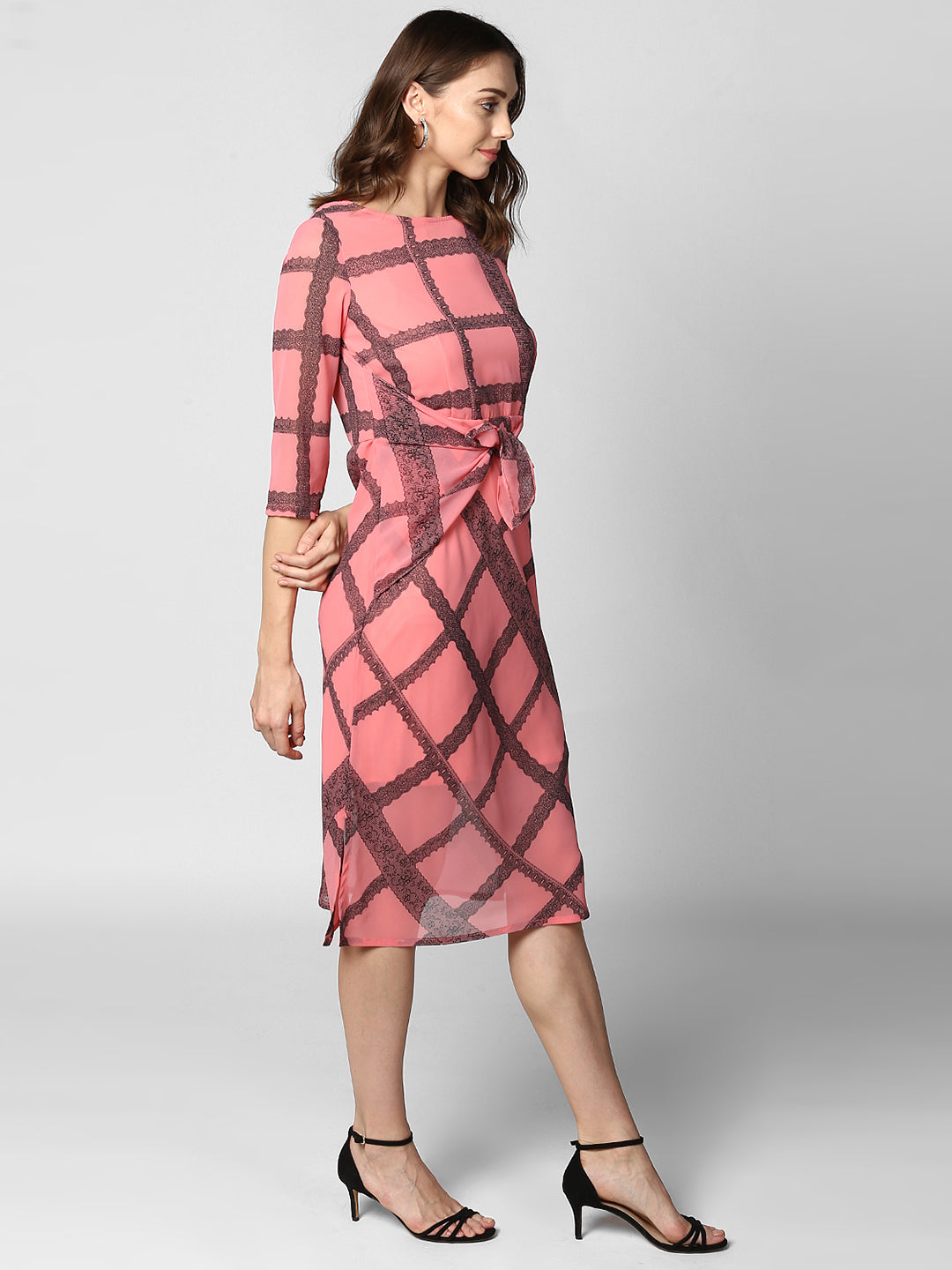 Women's Pink Check Waist Tie Up Polyester Dress with Lining
