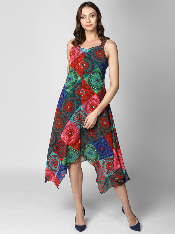 Women's Multi Colored Tile Print Asymmetric Dress