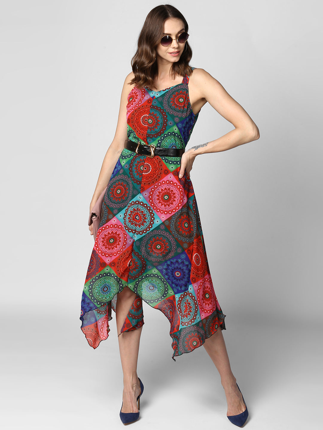 Women's Multi Colored Tile Print Asymmetric Dress