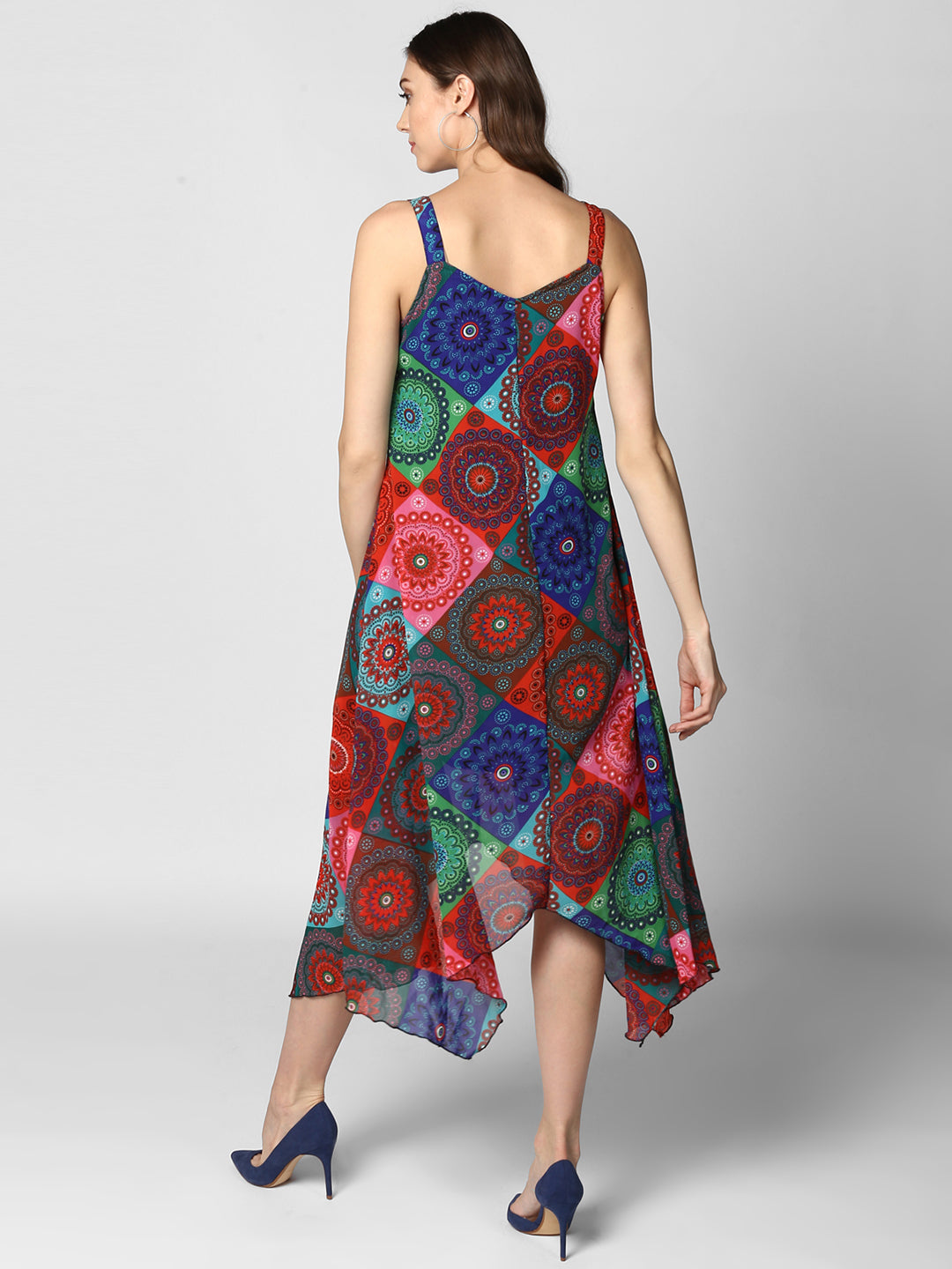 Women's Multi Colored Tile Print Asymmetric Dress