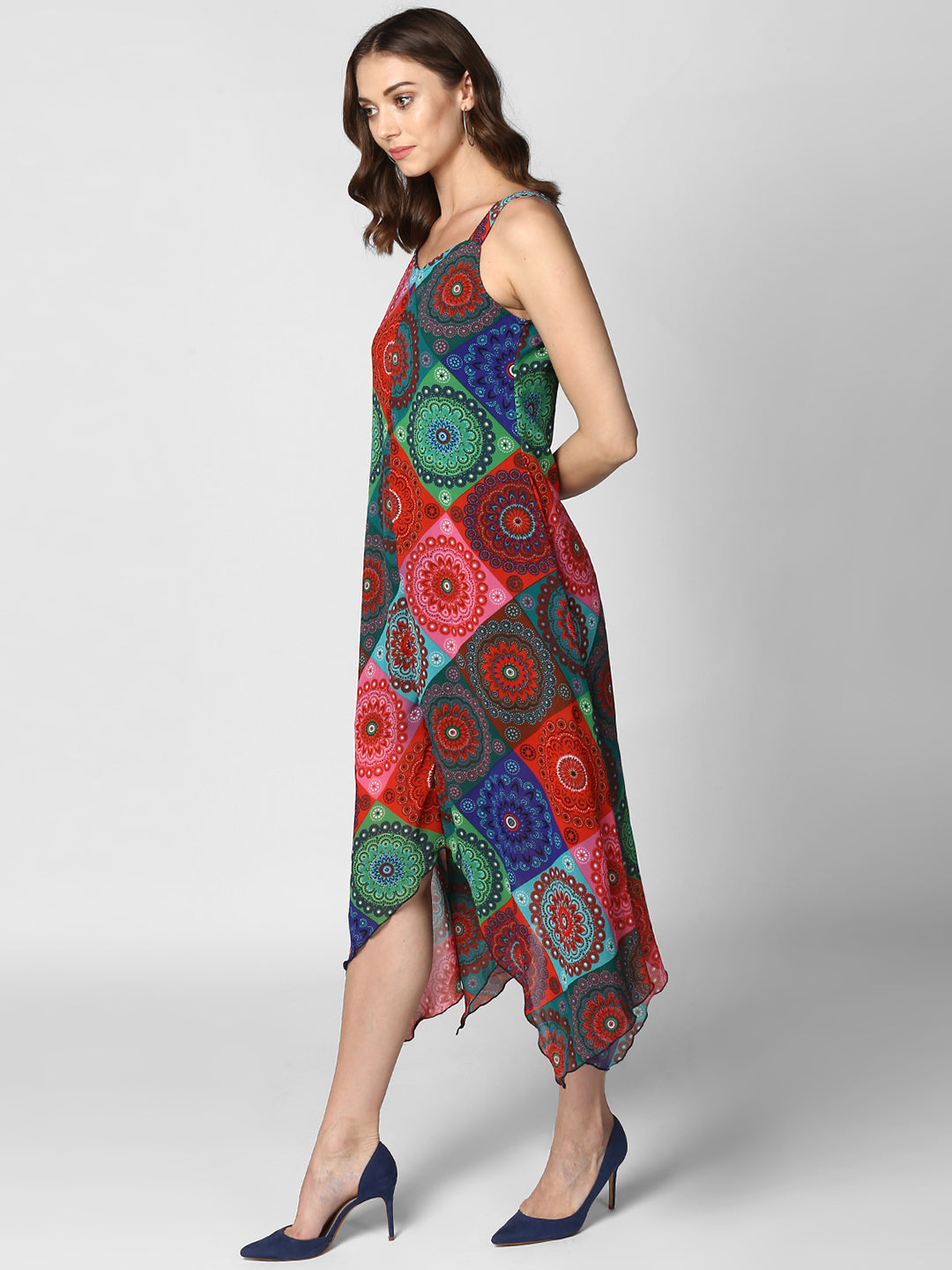 Women's Multi Colored Tile Print Asymmetric Dress