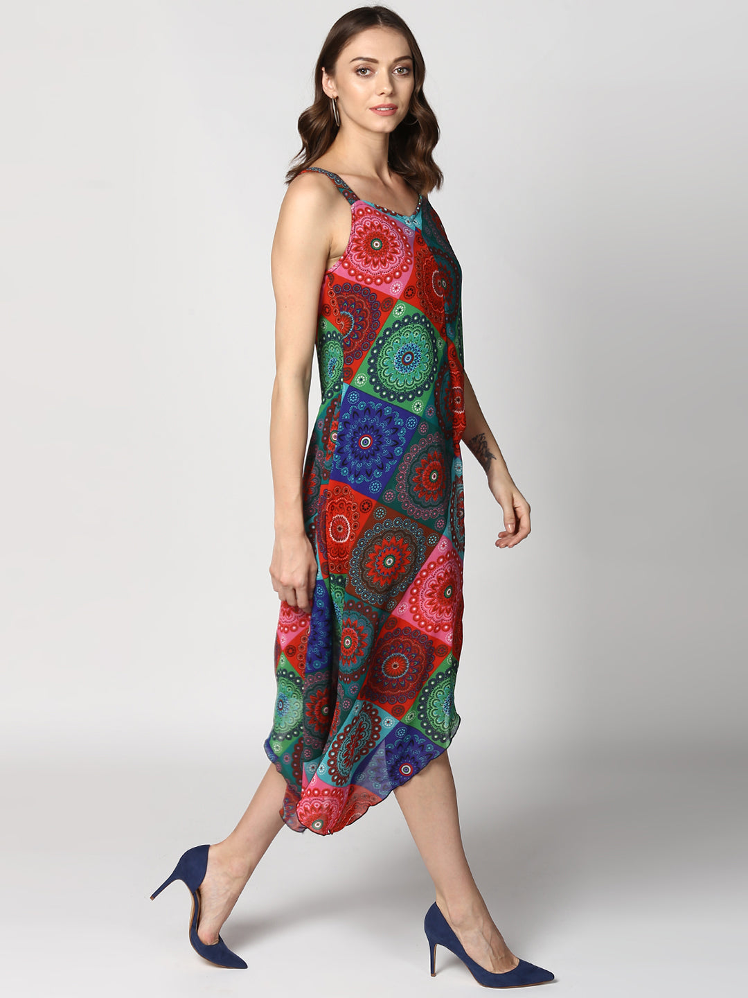 Women's Multi Colored Tile Print Asymmetric Dress