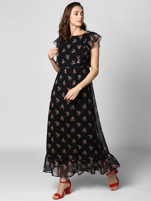 Women's Black Printed Maxi Dress with Lining