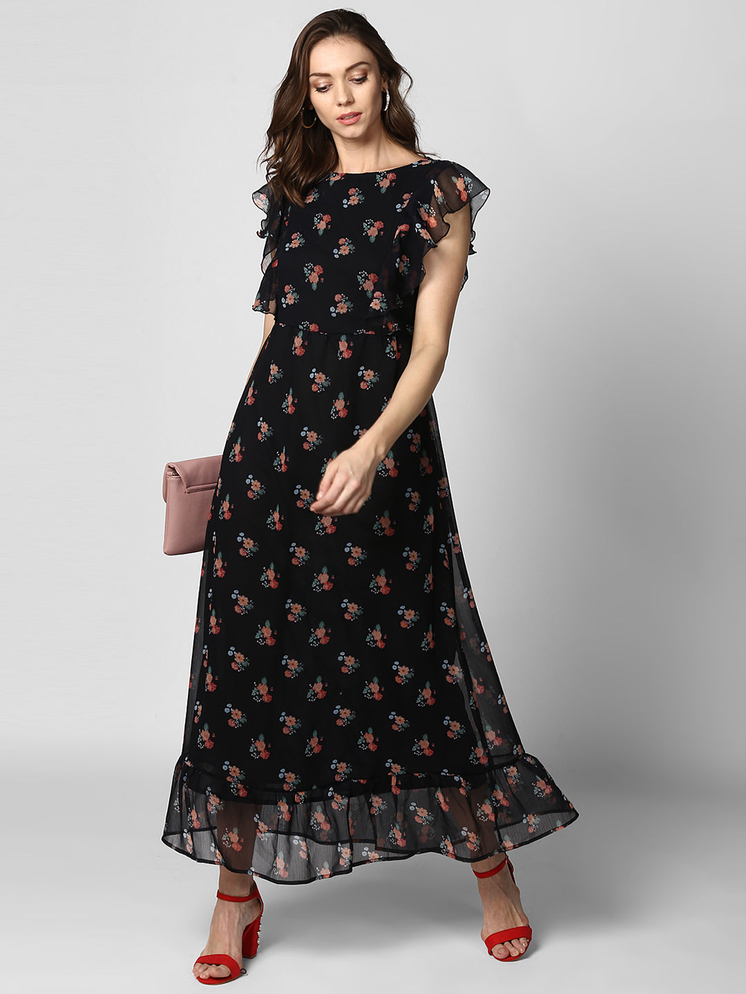 Women's Black Printed Maxi Dress with Lining