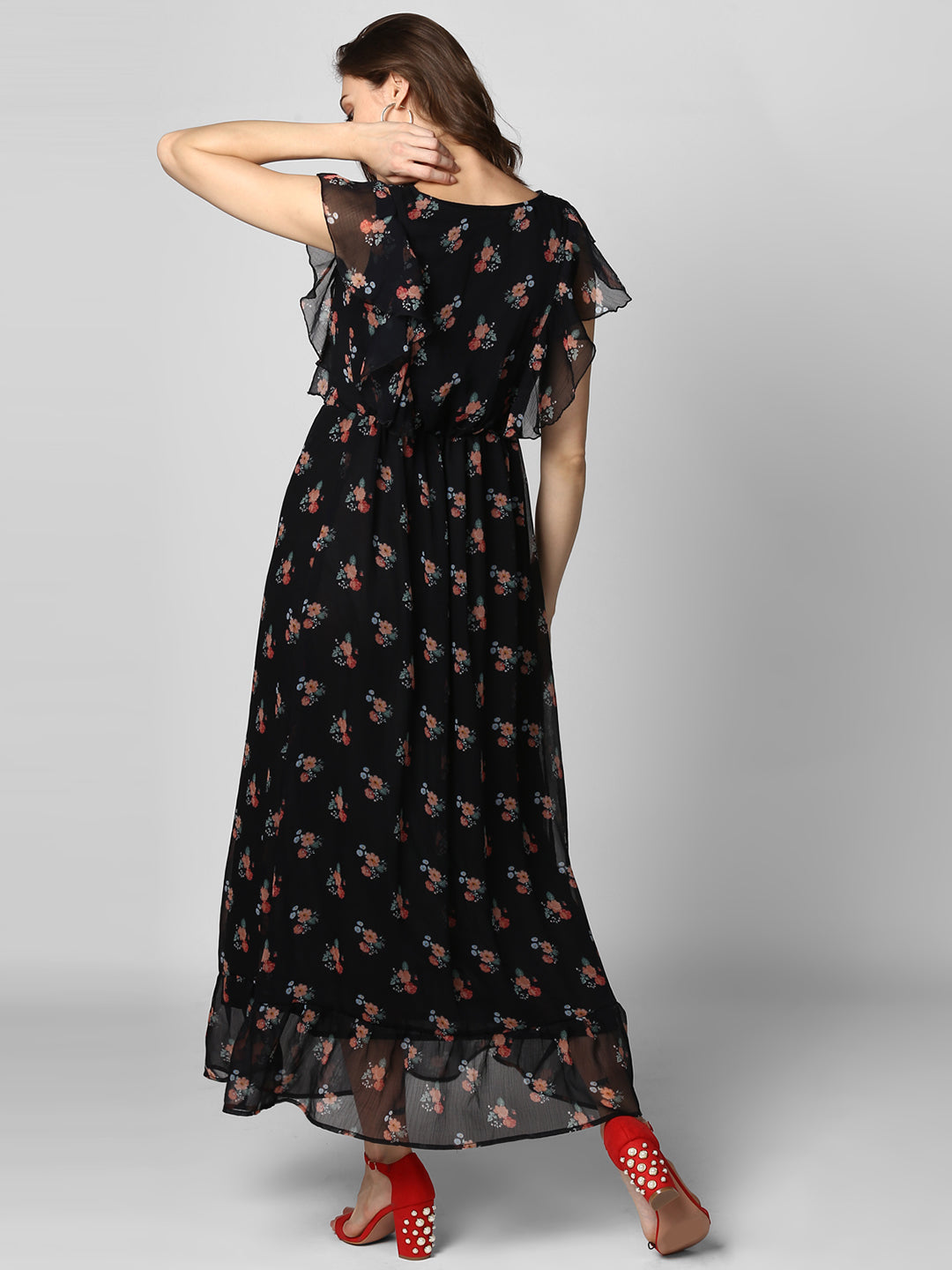 Women's Black Printed Maxi Dress with Lining