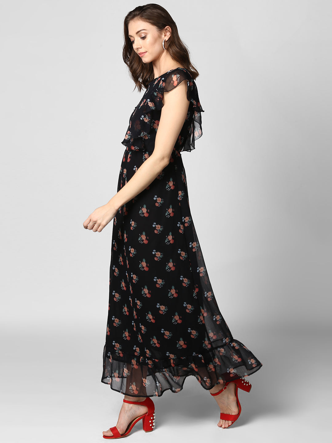 Women's Black Printed Maxi Dress with Lining