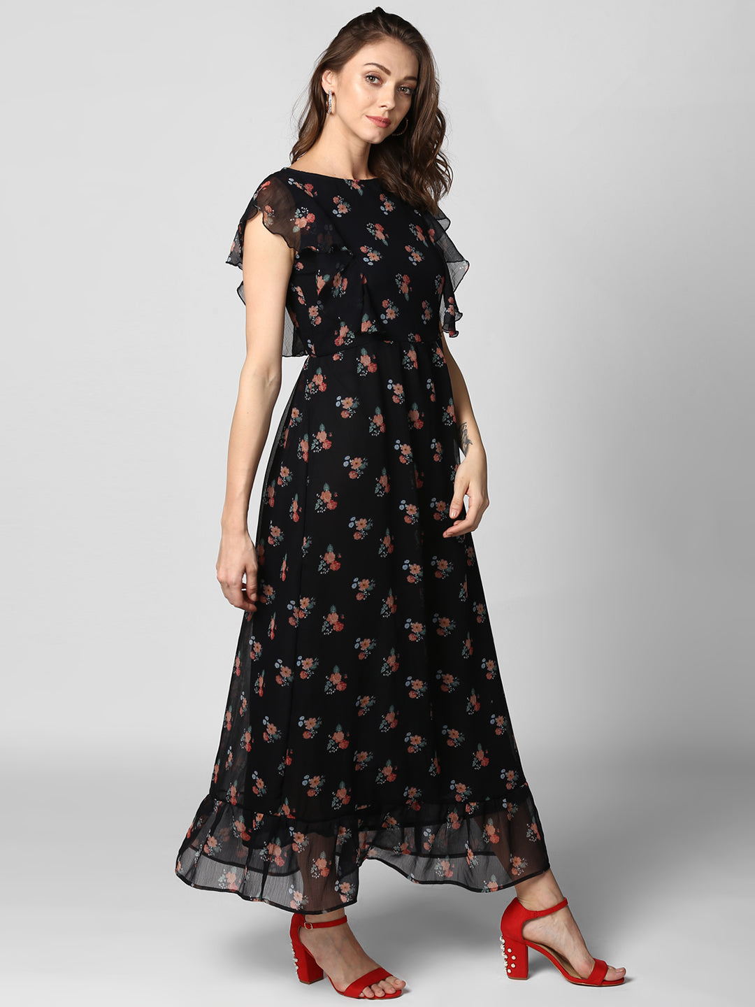 Women's Black Printed Maxi Dress with Lining