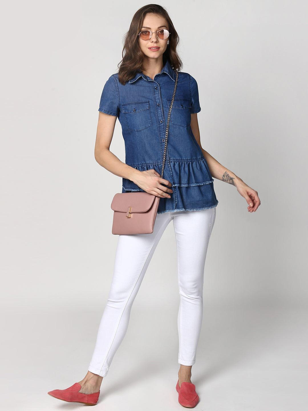 Women's Navy Blue Denim Peplum Top cum Shirt