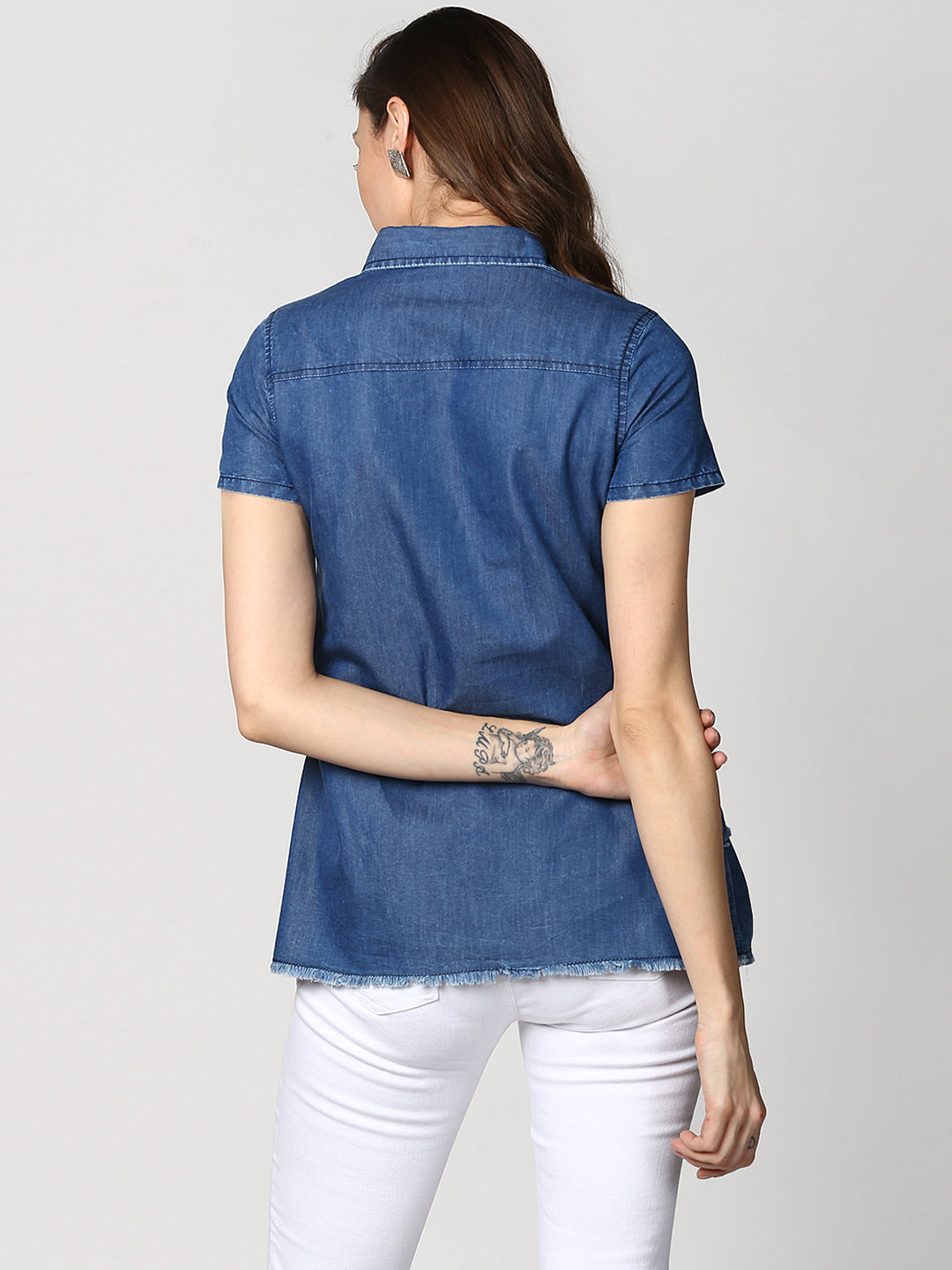 Women's Navy Blue Denim Peplum Top cum Shirt