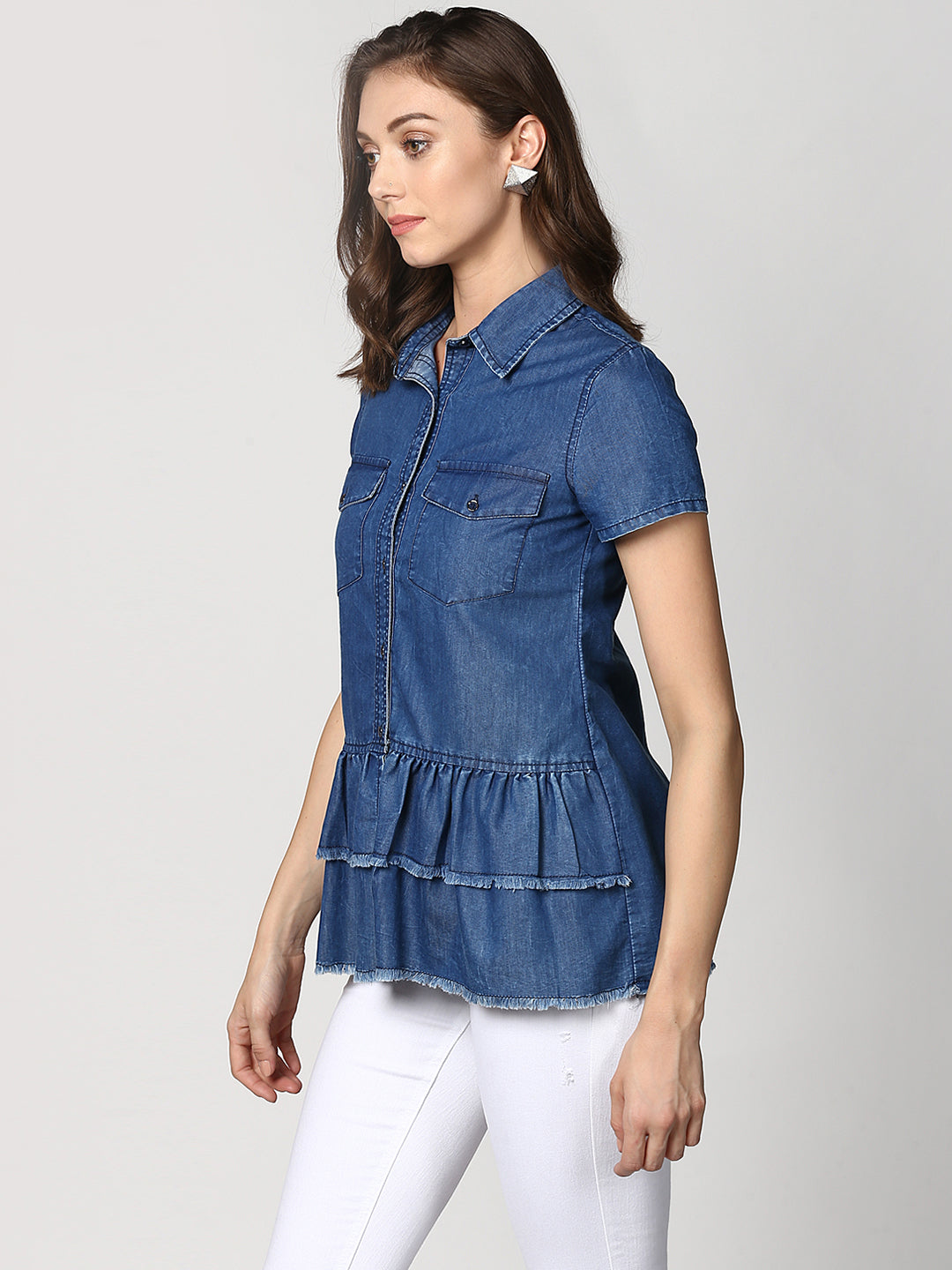 Women's Navy Blue Denim Peplum Top cum Shirt