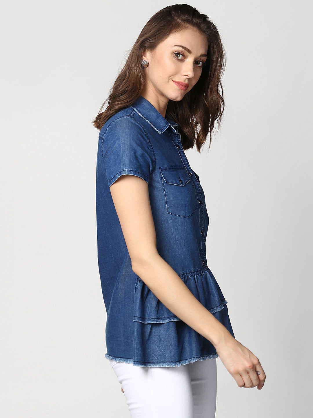 Women's Navy Blue Denim Peplum Top cum Shirt