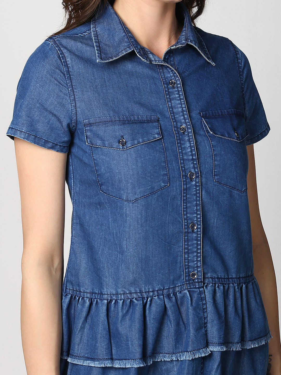 Women's Navy Blue Denim Peplum Top cum Shirt