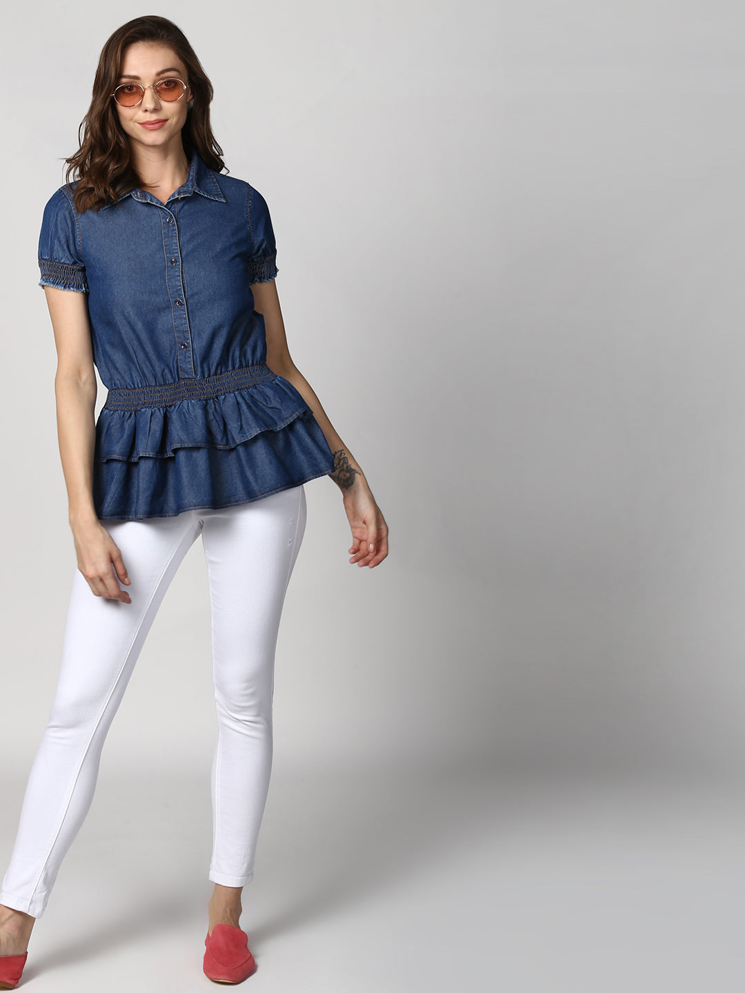 Women's Navy Blue Denim Peplum Top cum Shirt with elasticated waistband
