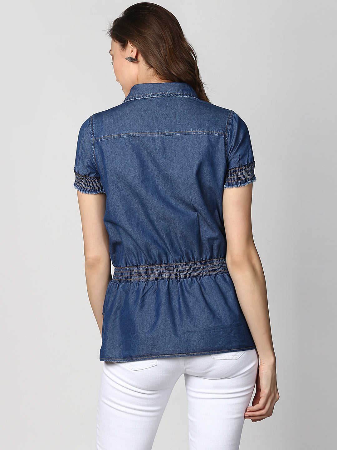 Women's Navy Blue Denim Peplum Top cum Shirt with elasticated waistband