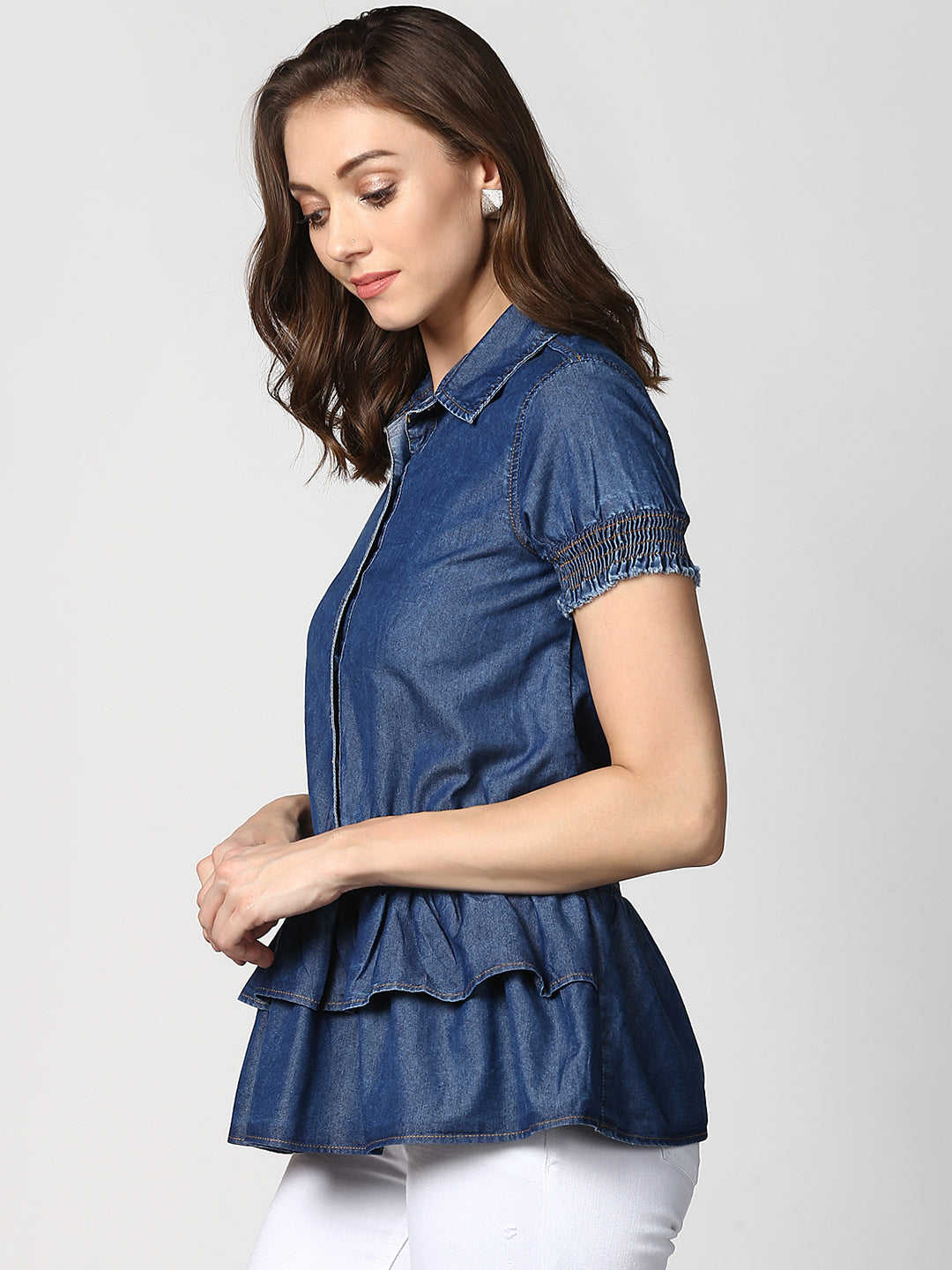 Women's Navy Blue Denim Peplum Top cum Shirt with elasticated waistband