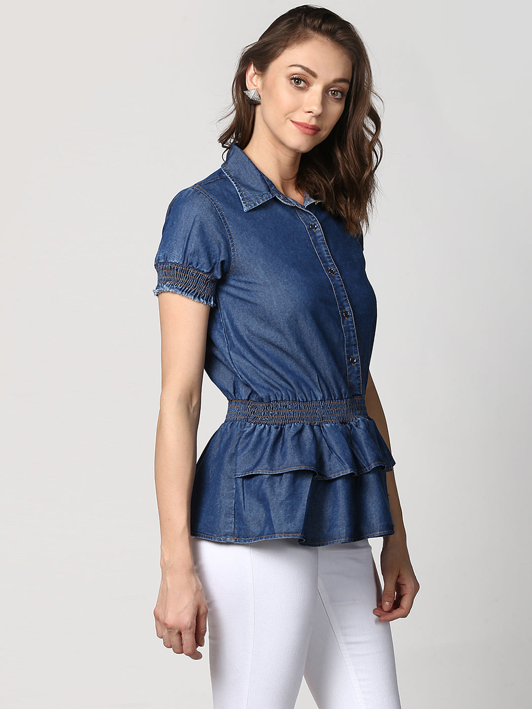 Women's Navy Blue Denim Peplum Top cum Shirt with elasticated waistband