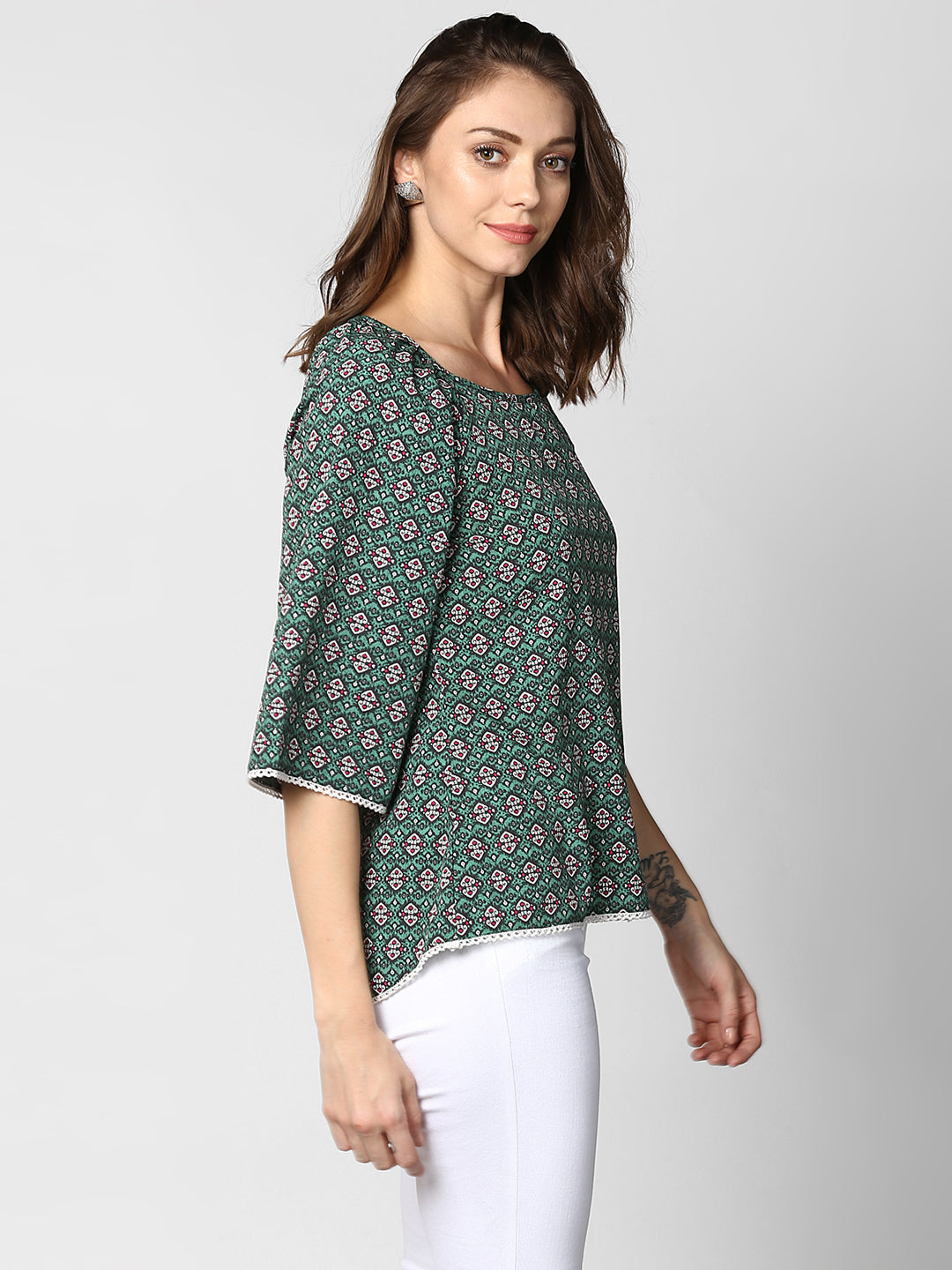 Women's Green Printed Polyester Top