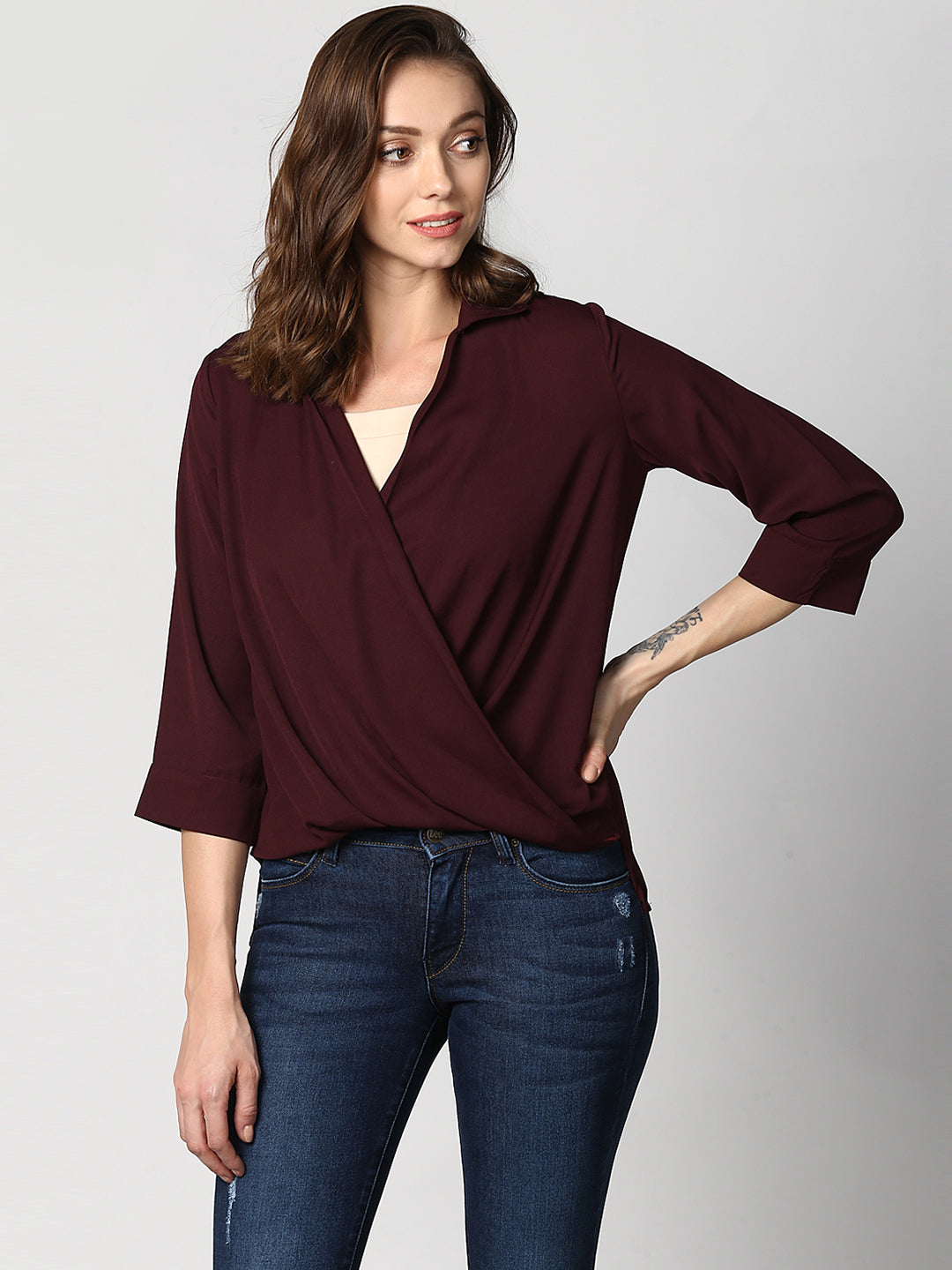 Women s Polyester Maroon Wrap Top Stylestone women-s-polyester-maroon-wrap-top-stylestone