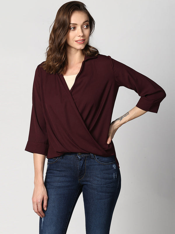 Women's Polyester Maroon Wrap Top