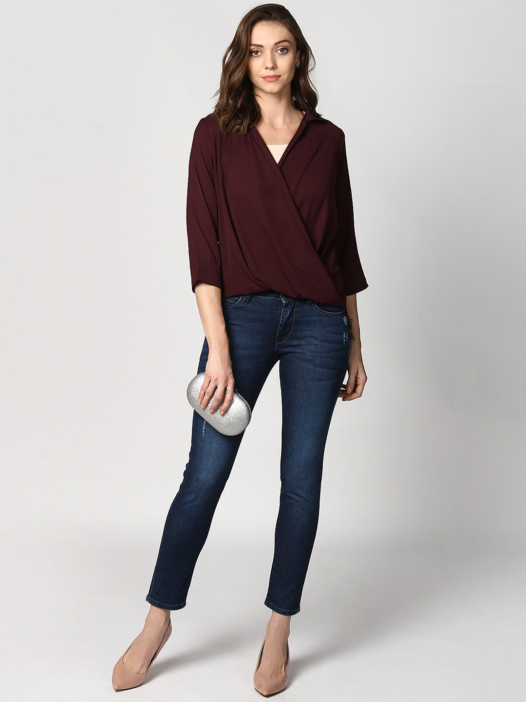 Women's Polyester Maroon Wrap Top