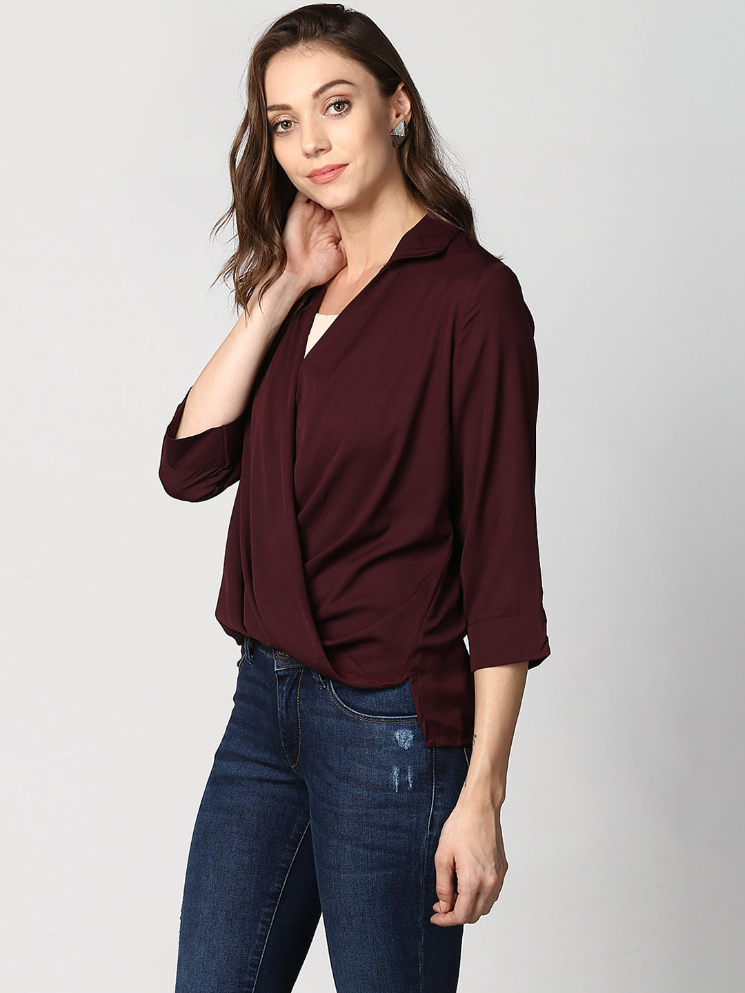 Women's Polyester Maroon Wrap Top