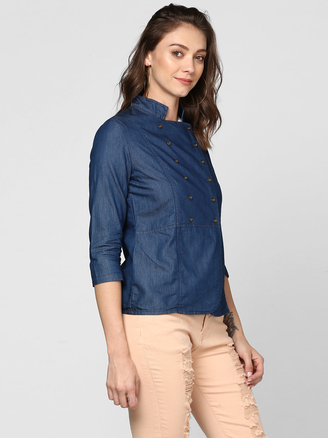 Women's Blue Denim Double Breast Style Top