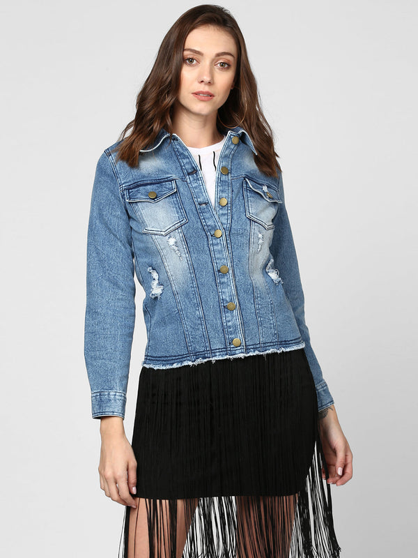 Women's Blue Distressed Denim Jacket