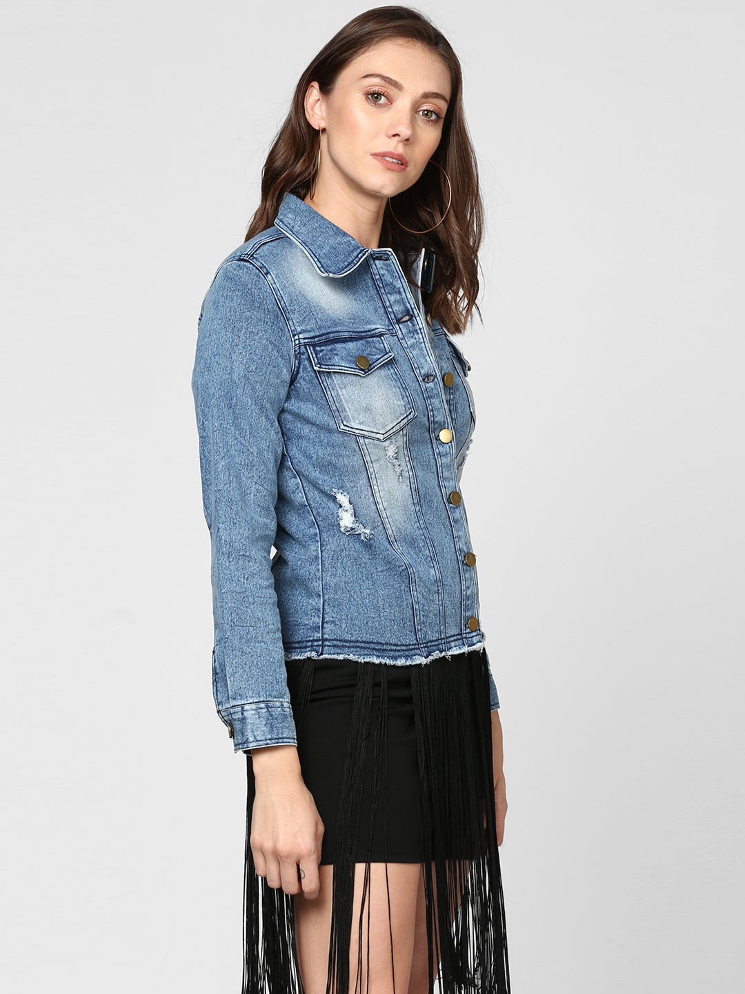 Women's Blue Distressed Denim Jacket