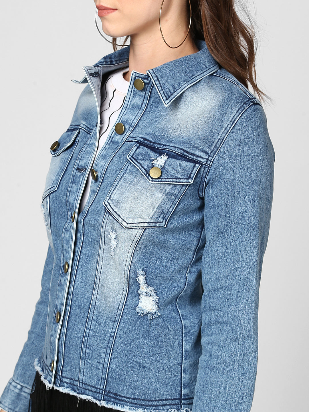 Women's Blue Distressed Denim Jacket