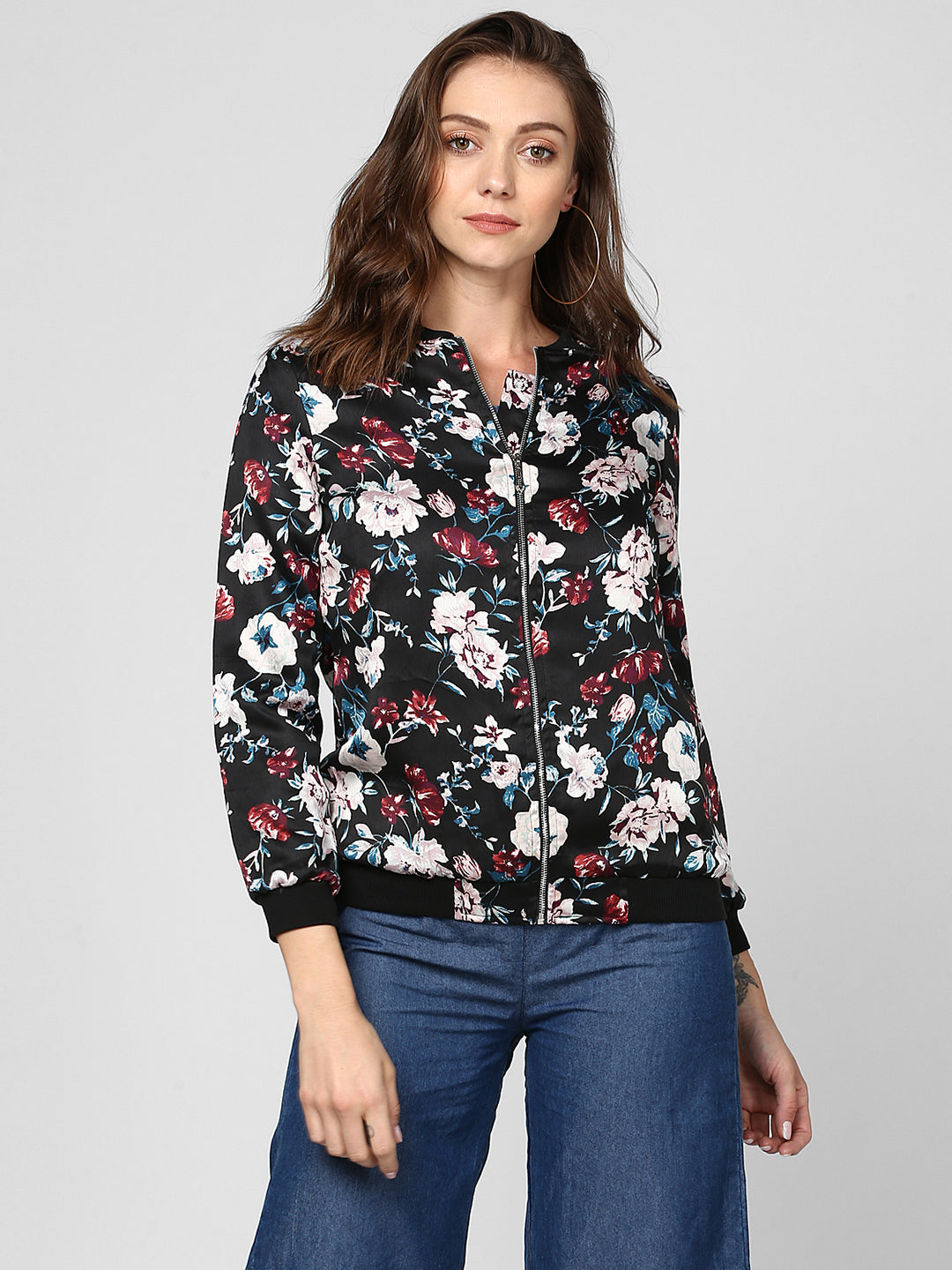 Women's Black Floral Printed Satin Jacket