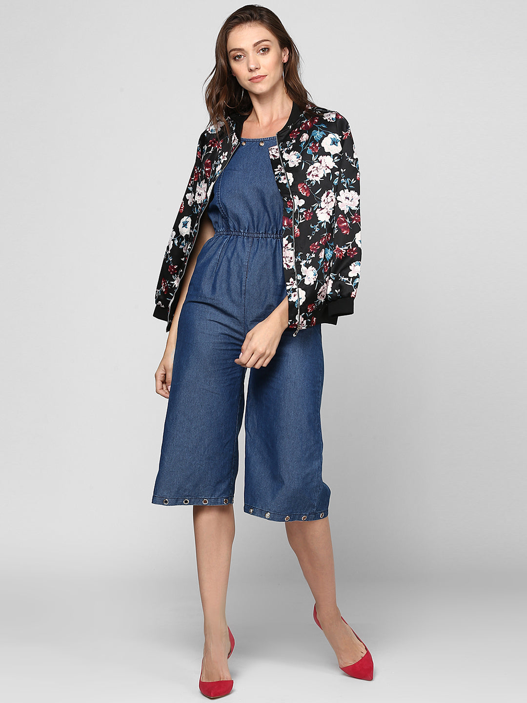 Women's Black Floral Printed Satin Jacket