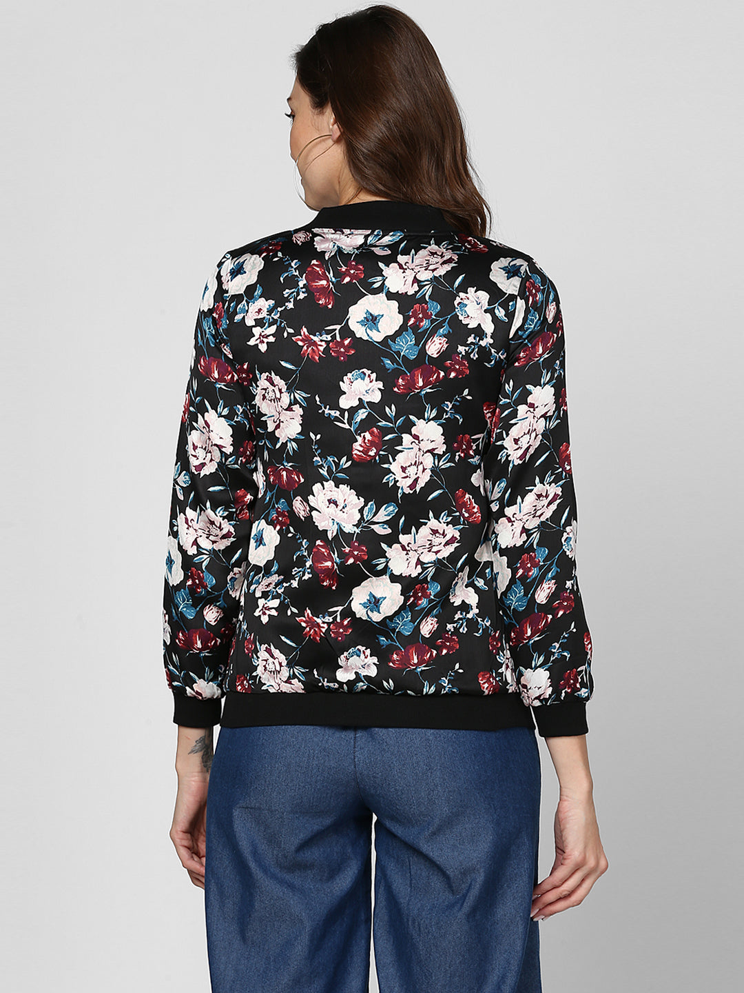 Women's Black Floral Printed Satin Jacket