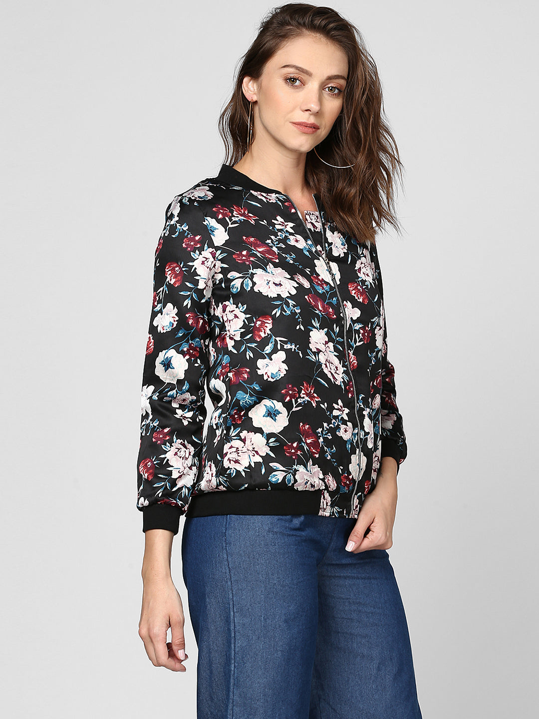 Women's Black Floral Printed Satin Jacket