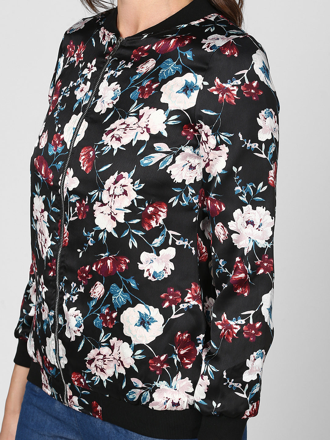 Women's Black Floral Printed Satin Jacket
