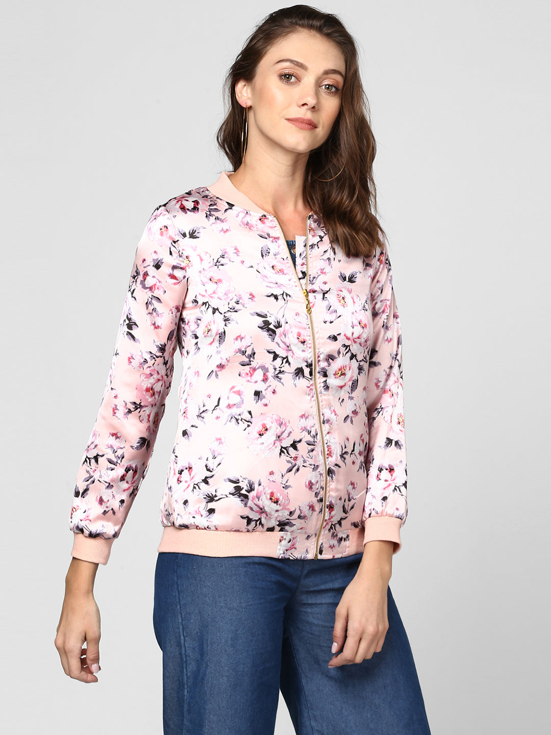 Women's Light Pink Floral Printed Jacket