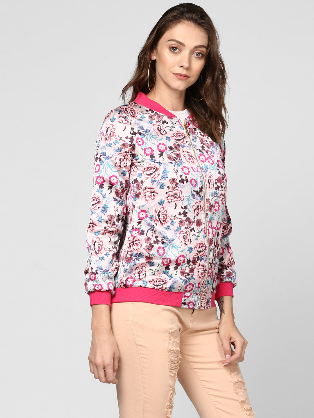 Women's Fuchsia Printed Satin Jacket