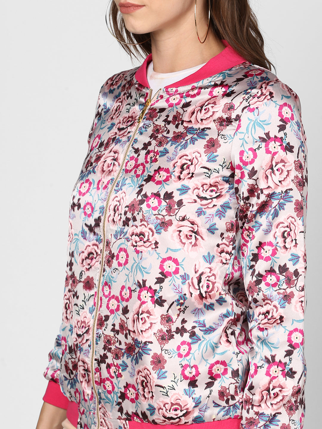 Women's Fuchsia Printed Satin Jacket