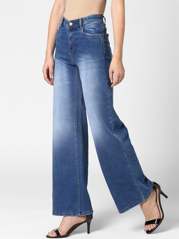 Women's Blue Flared Denim Jeans with washed effect