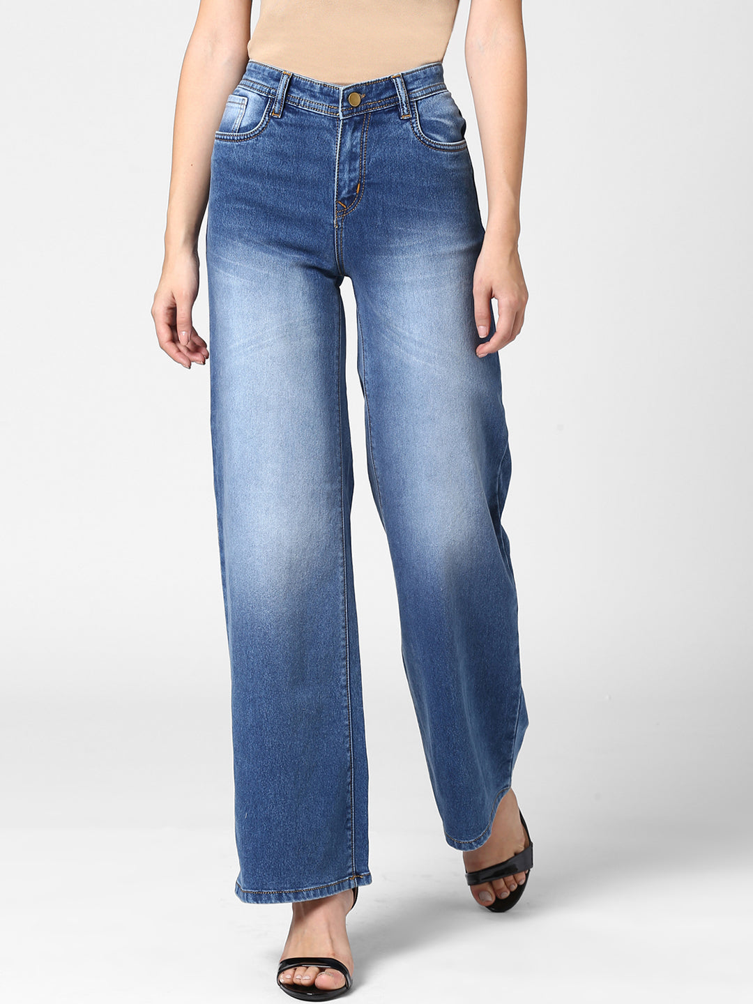 Women's Blue Flared Denim Jeans with washed effect