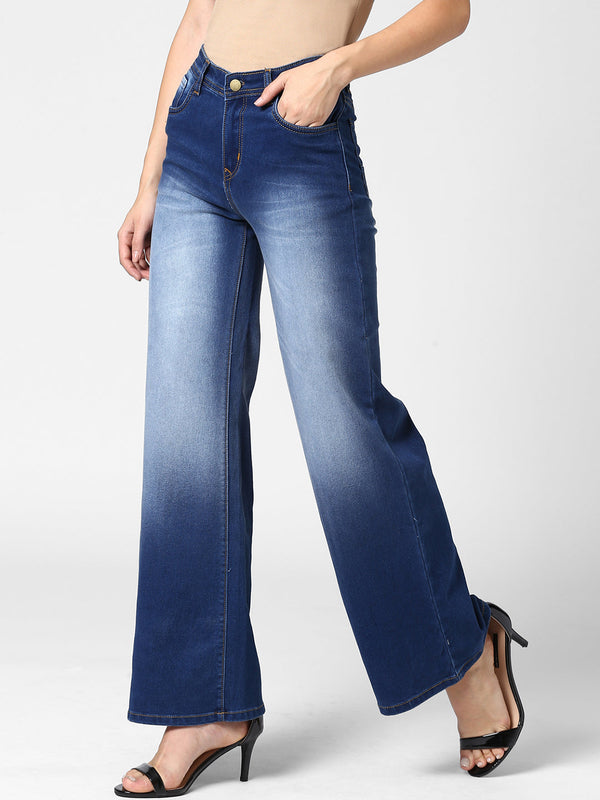 Women's Blue Flared Denim Jeans with washed effect