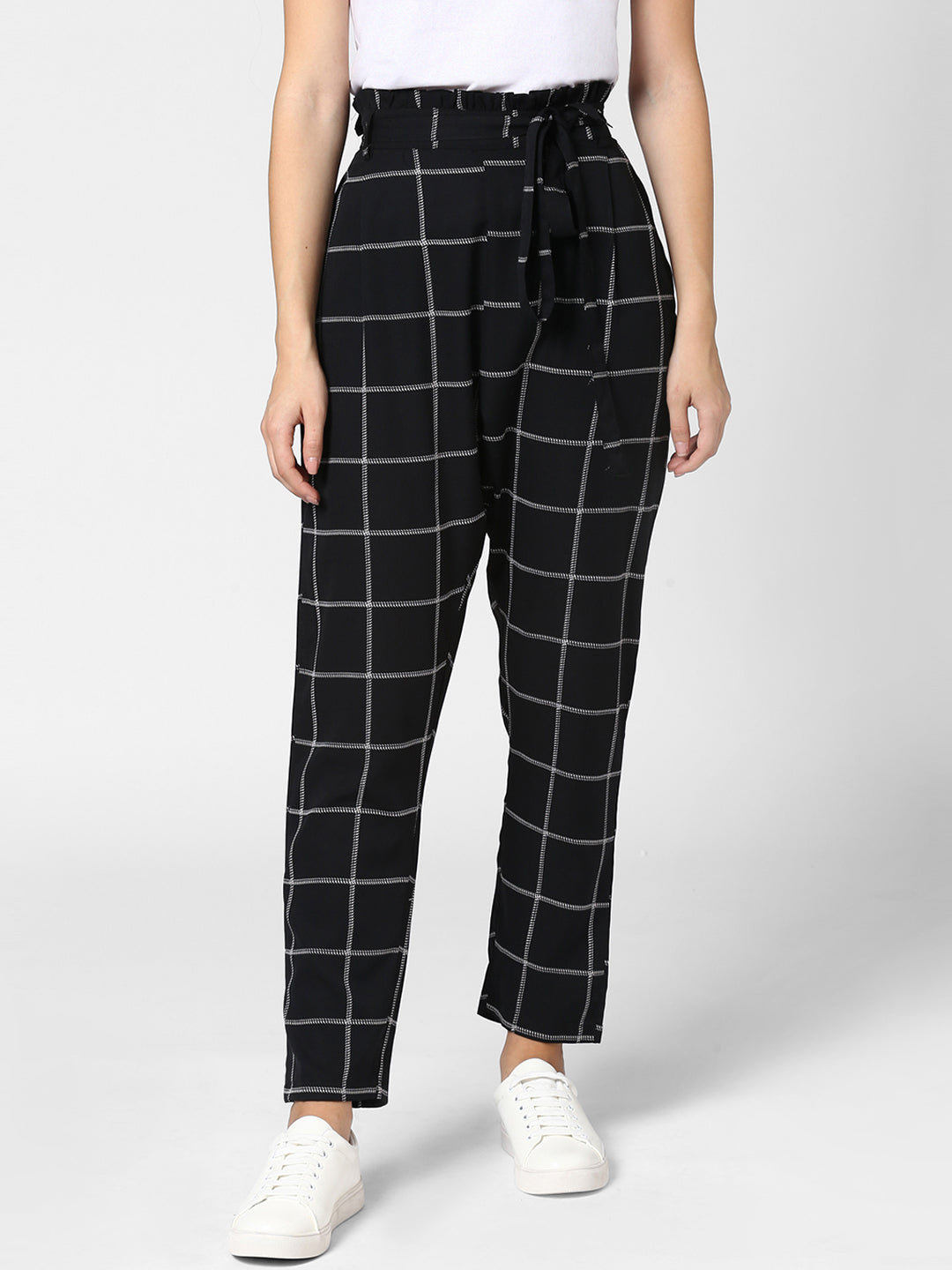 Women's Black and White Check Paperbag Pants with elasticated waistband