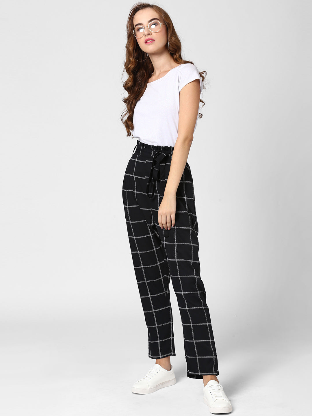 Women's Black and White Check Paperbag Pants with elasticated waistband