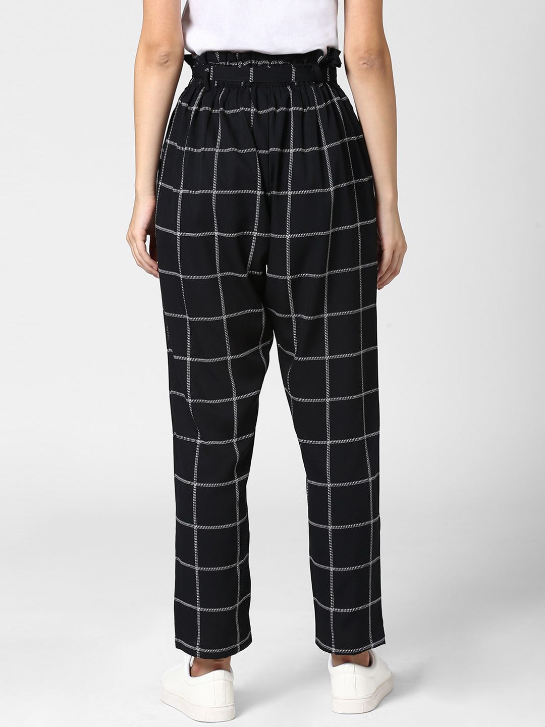 Women's Black and White Check Paperbag Pants with elasticated waistband