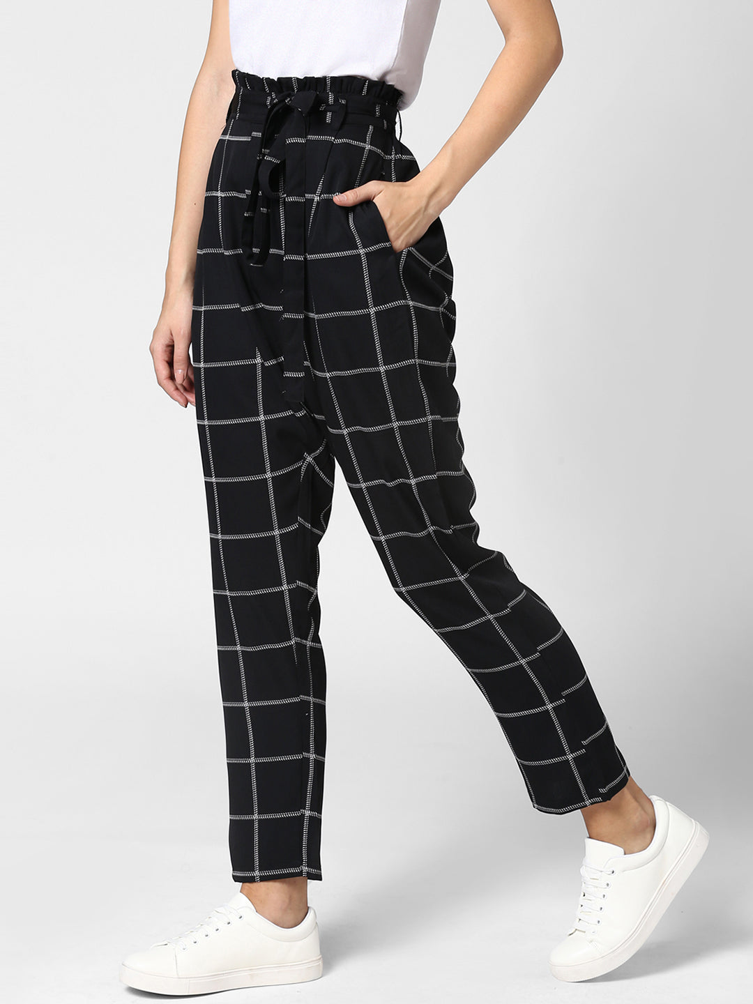 Women's Black and White Check Paperbag Pants with elasticated waistband