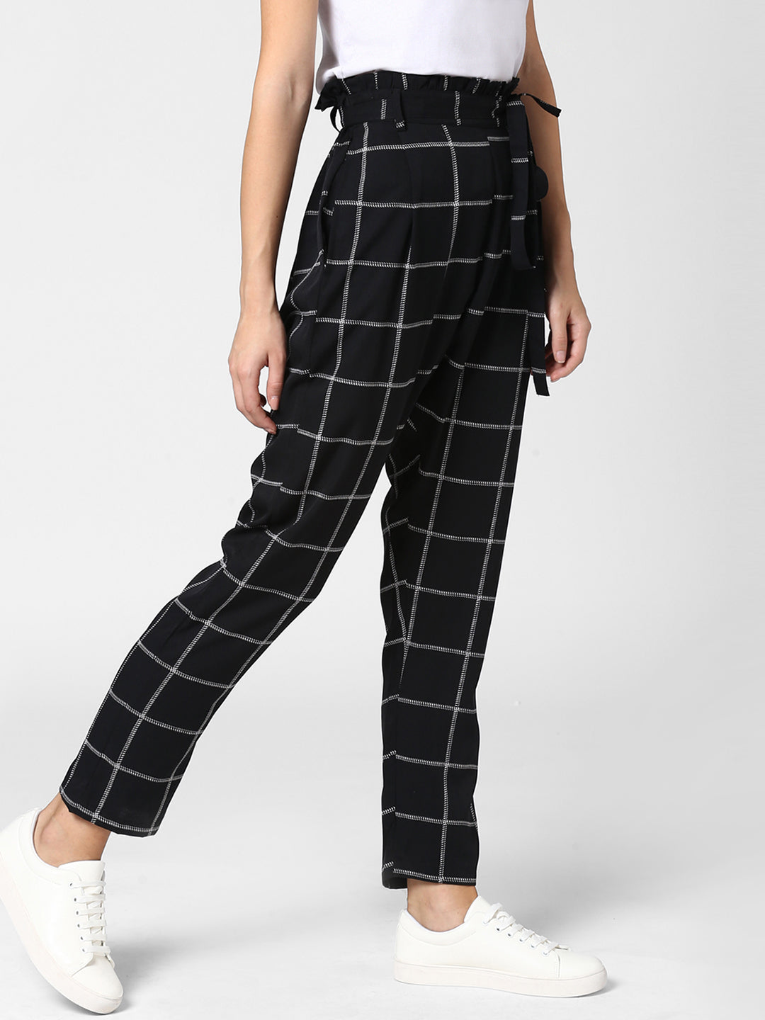 Women's Black and White Check Paperbag Pants with elasticated waistband