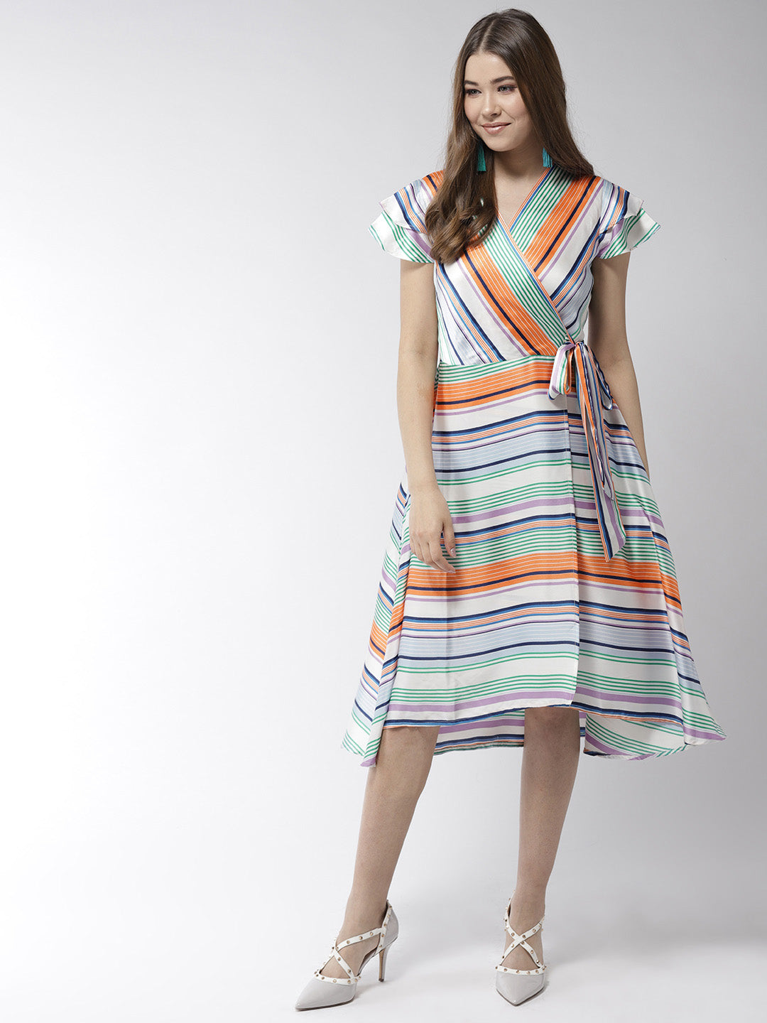 Women's Satin Stripe Print Wrap Dress