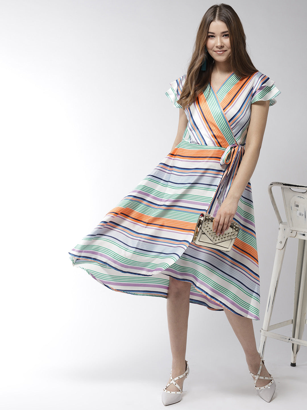 Women's Satin Stripe Print Wrap Dress