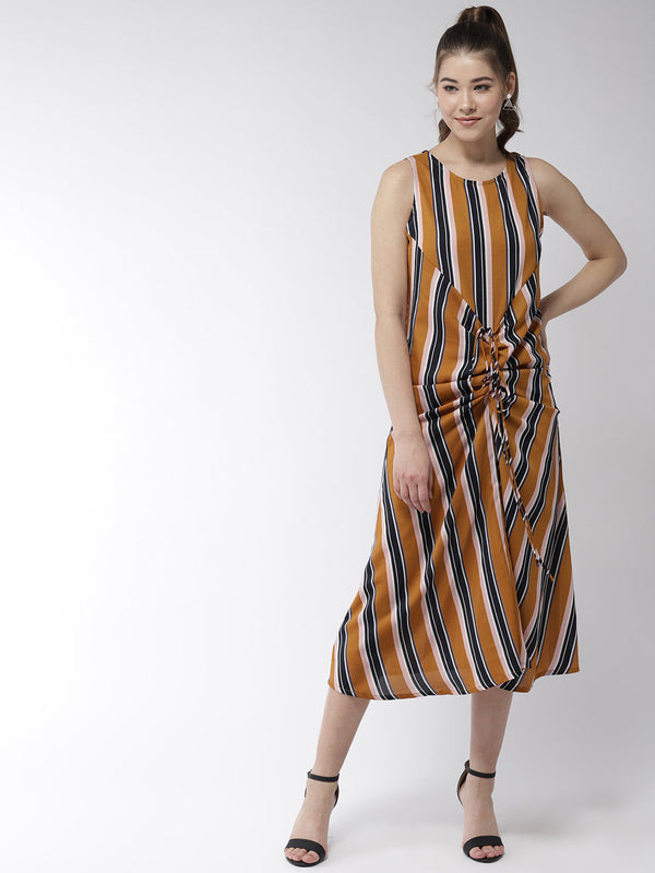Women's Satin Stripe Print Front Gather Dress