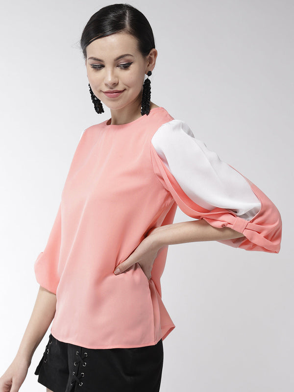 Women's Pink and White Drape Sleeve Polyester Top